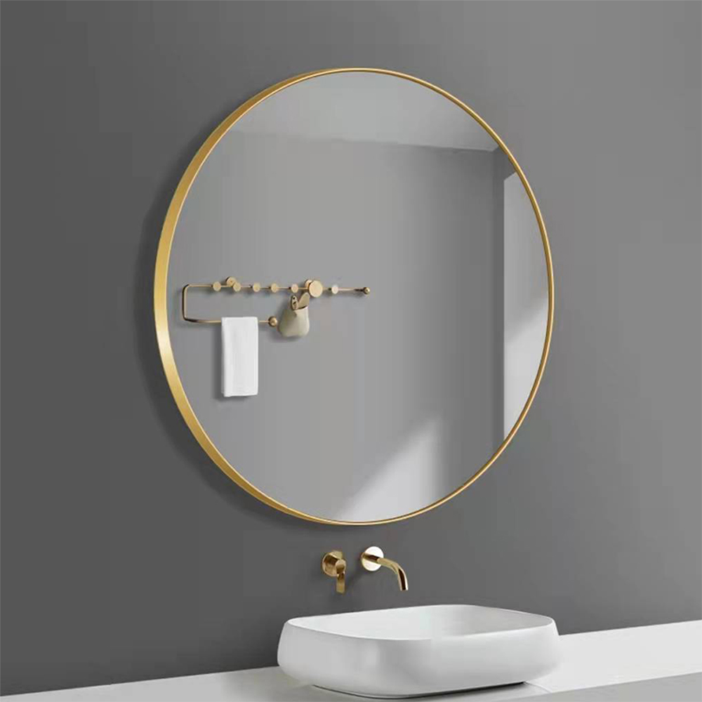 Wandmontierter Spiegel aus Aluminium, rund, goldfarben, mit Rahmen