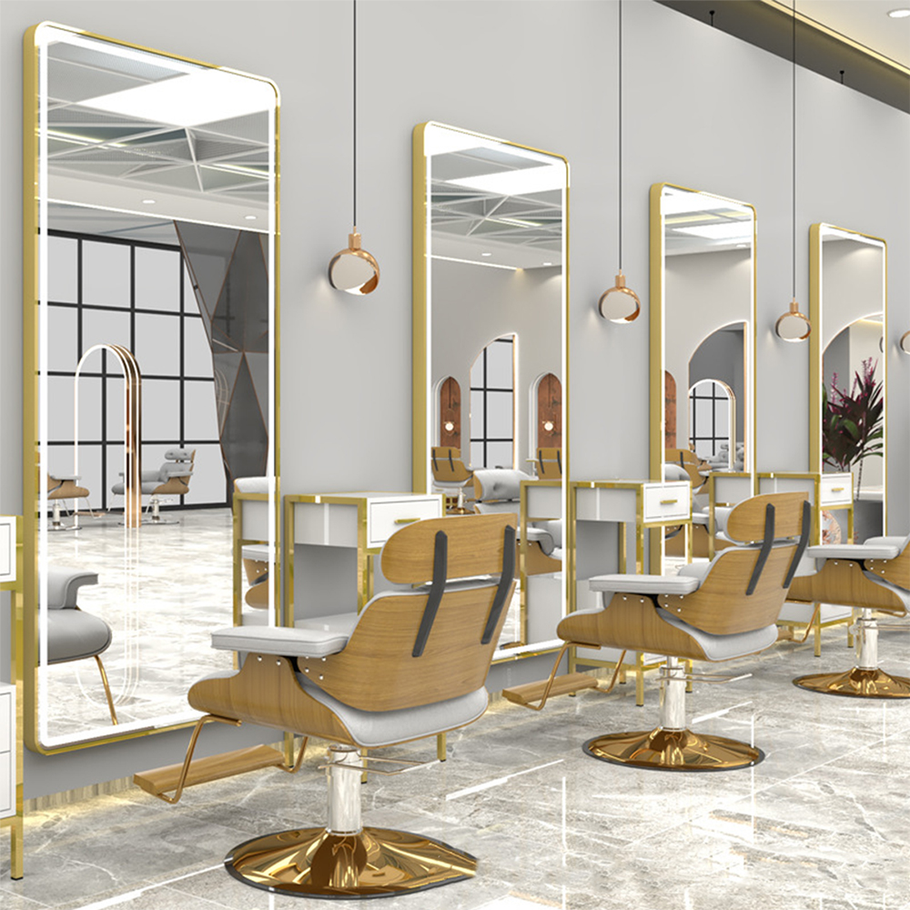 Goldluxus-LED-Lampen-Spiegelschrank für Friseursalon-Schönheitssalon LED-Schönheitssalon-Spiegel mit Tür-Styling-Spiegel für Friseursalon