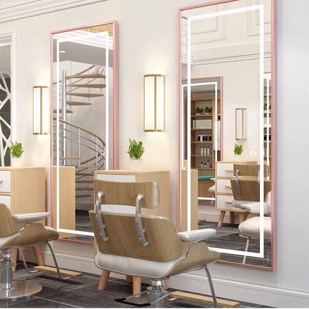 Rosa rechtwinkliger LED-Licht-Spiegelschrank für Friseursalon-Spiegel mit Tür-Styling-Spiegel