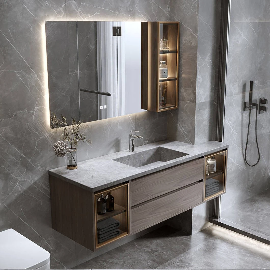 Günstiges einfaches Aufbewahrungsschrank-Set, modernes Massivholz-Waschtisch-Badezimmer, intelligenter Badezimmer-Spiegelschrank mit Waschbecken
