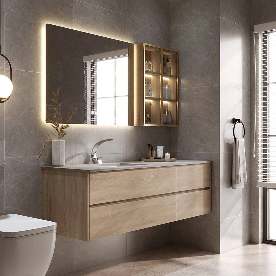Factory Custom Günstige Badezimmer Vanity Set LED wasserdichter hölzerner Badezimmerschrank LED Spiegel Smart Spiegelschrank