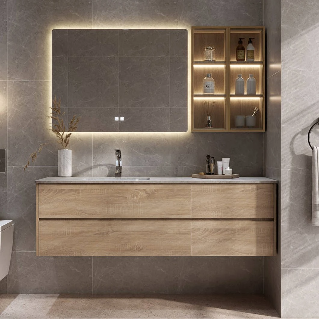 Factory Custom Günstige Badezimmer Vanity Set LED wasserdichter hölzerner Badezimmerschrank LED Spiegel Smart Spiegelschrank