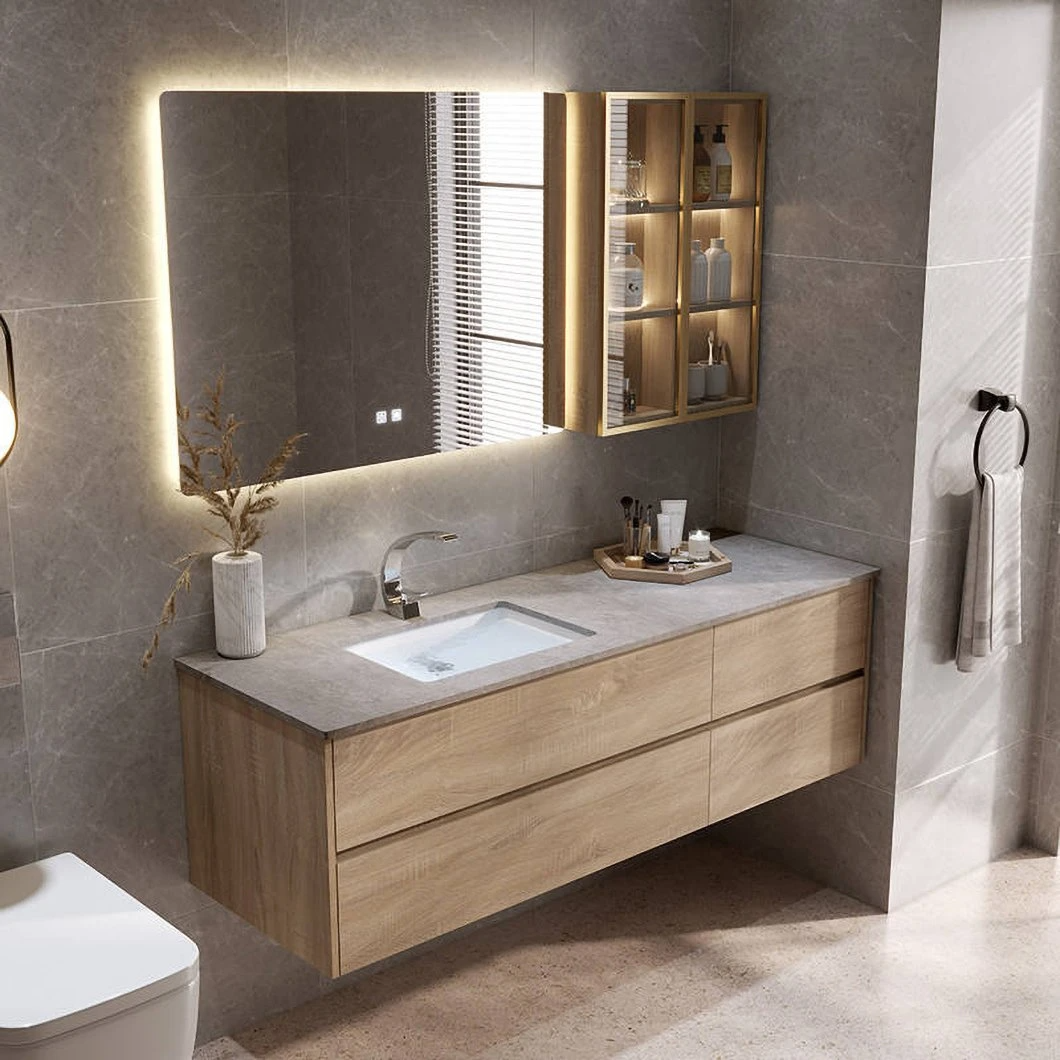 Factory Custom Günstige Badezimmer Vanity Set LED wasserdichter hölzerner Badezimmerschrank LED Spiegel Smart Spiegelschrank