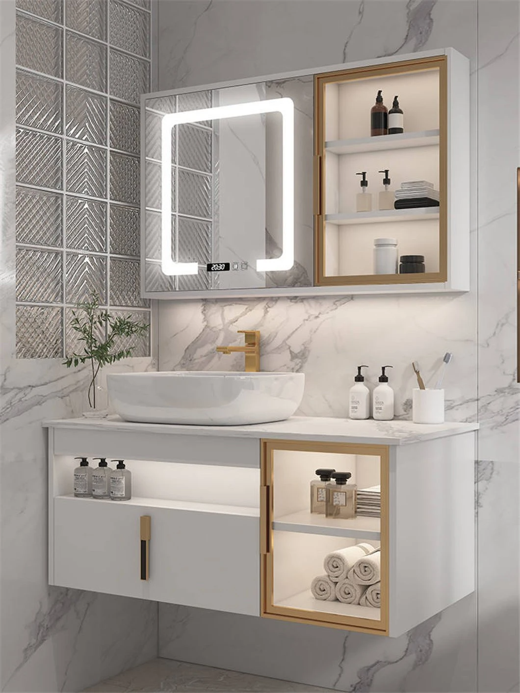 Hotel Modernes Badezimmer Doppelwaschbecken Wasserdichter Badezimmerschrank aus Holz mit intelligentem Spiegelschrank