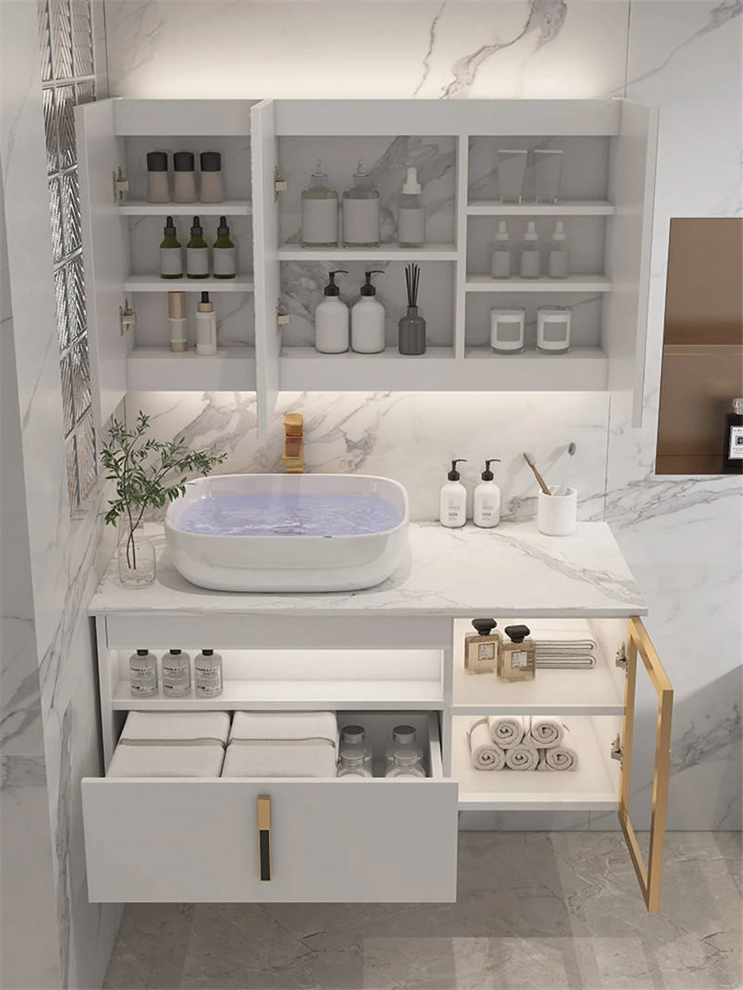 Hotel Modernes Badezimmer Doppelwaschbecken Wasserdichter Badezimmerschrank aus Holz mit intelligentem Spiegelschrank