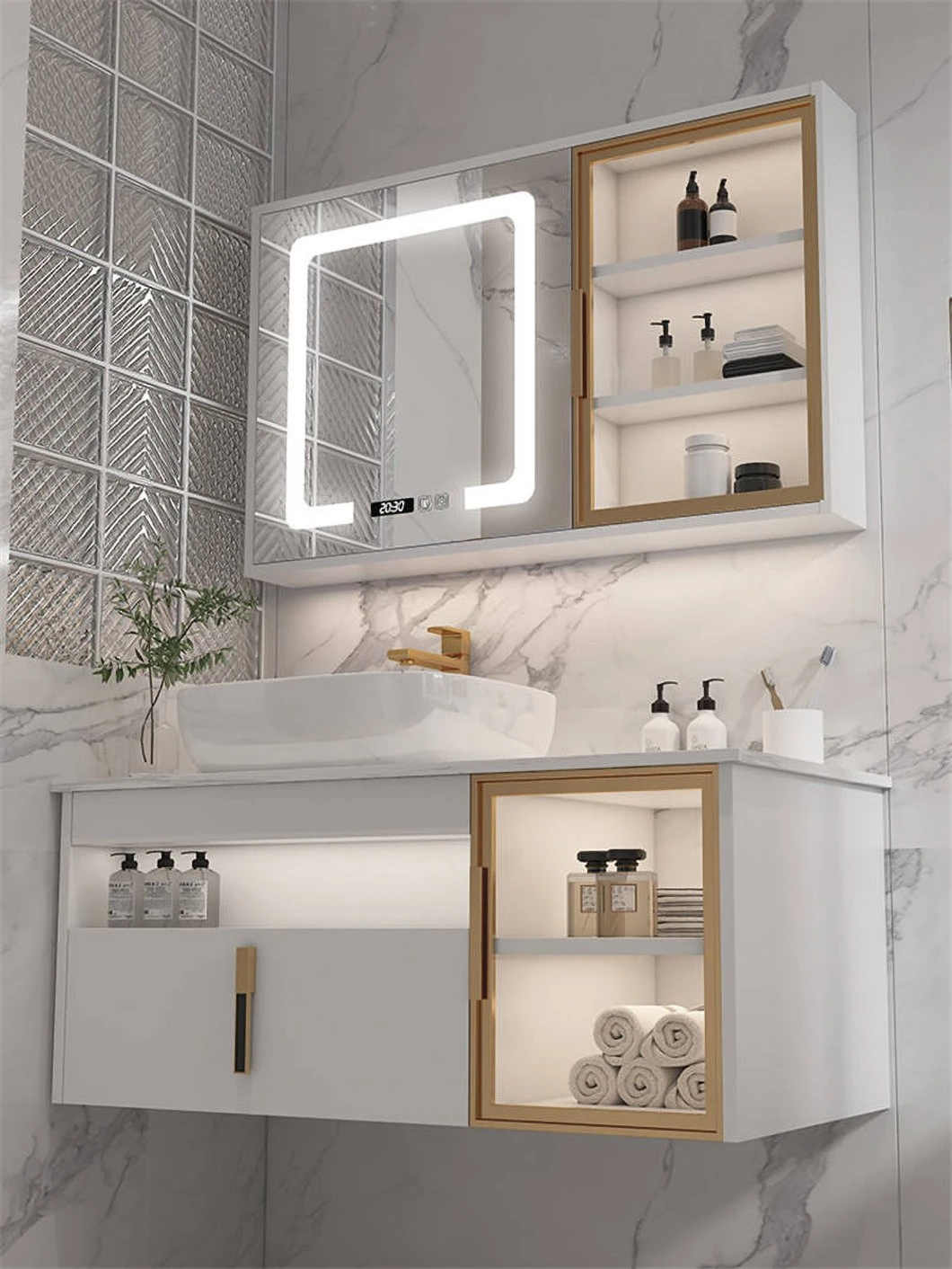 Hotel Modernes Badezimmer Doppelwaschbecken Wasserdichter Badezimmerschrank aus Holz mit intelligentem Spiegelschrank