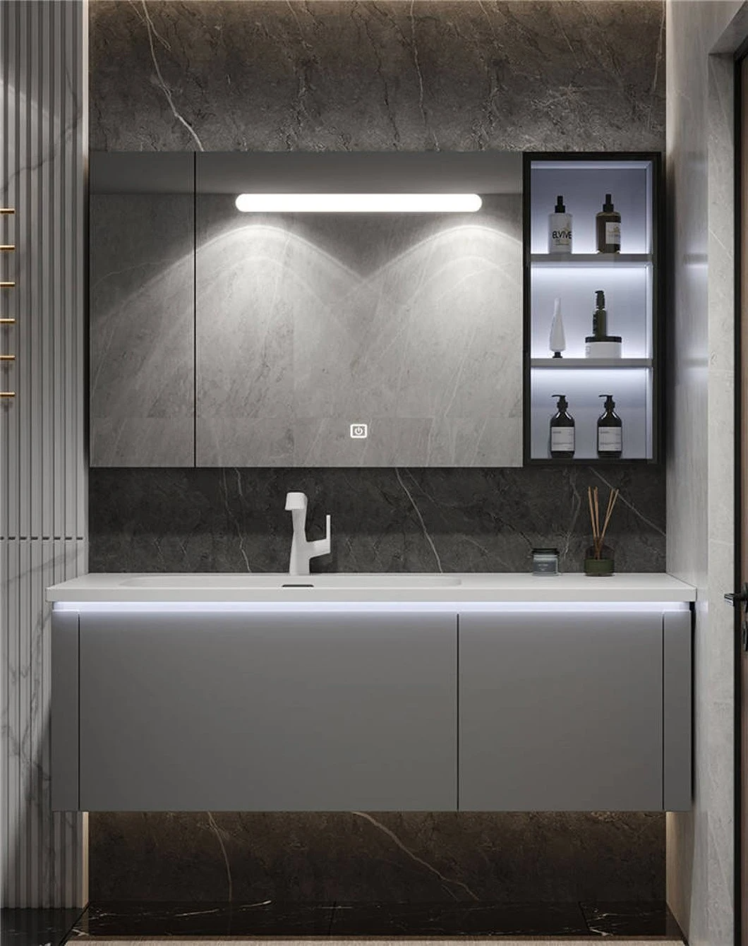 Günstiges gebrauchtes Badezimmer-Kosmetikspiegel-Schrank-Set des Hotels, moderner Doppel-Marmor-Badezimmerschrank mit Waschbecken