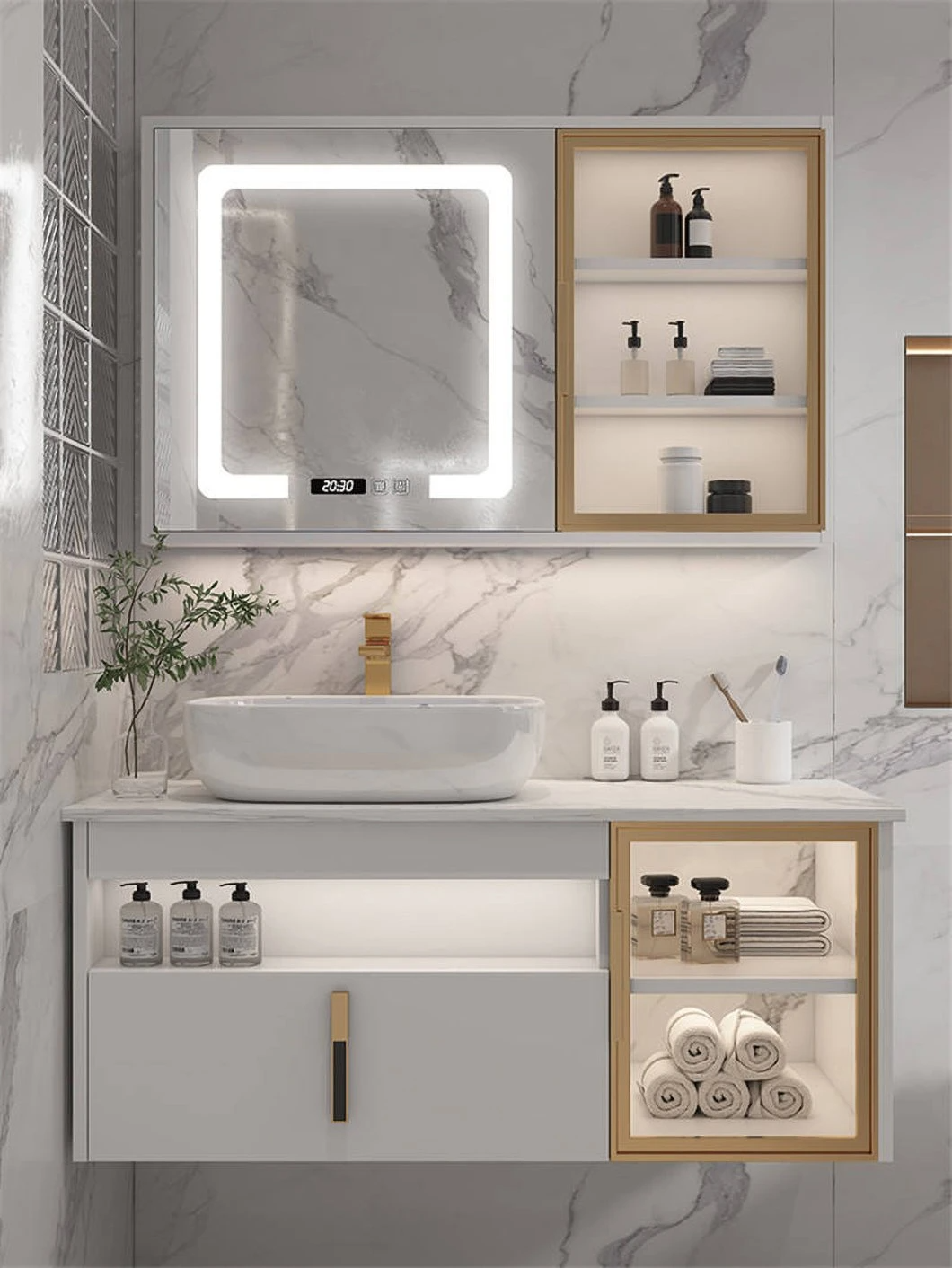 Hotel Modernes Badezimmer Doppelwaschbecken Wasserdichter Badezimmerschrank aus Holz mit intelligentem Spiegelschrank