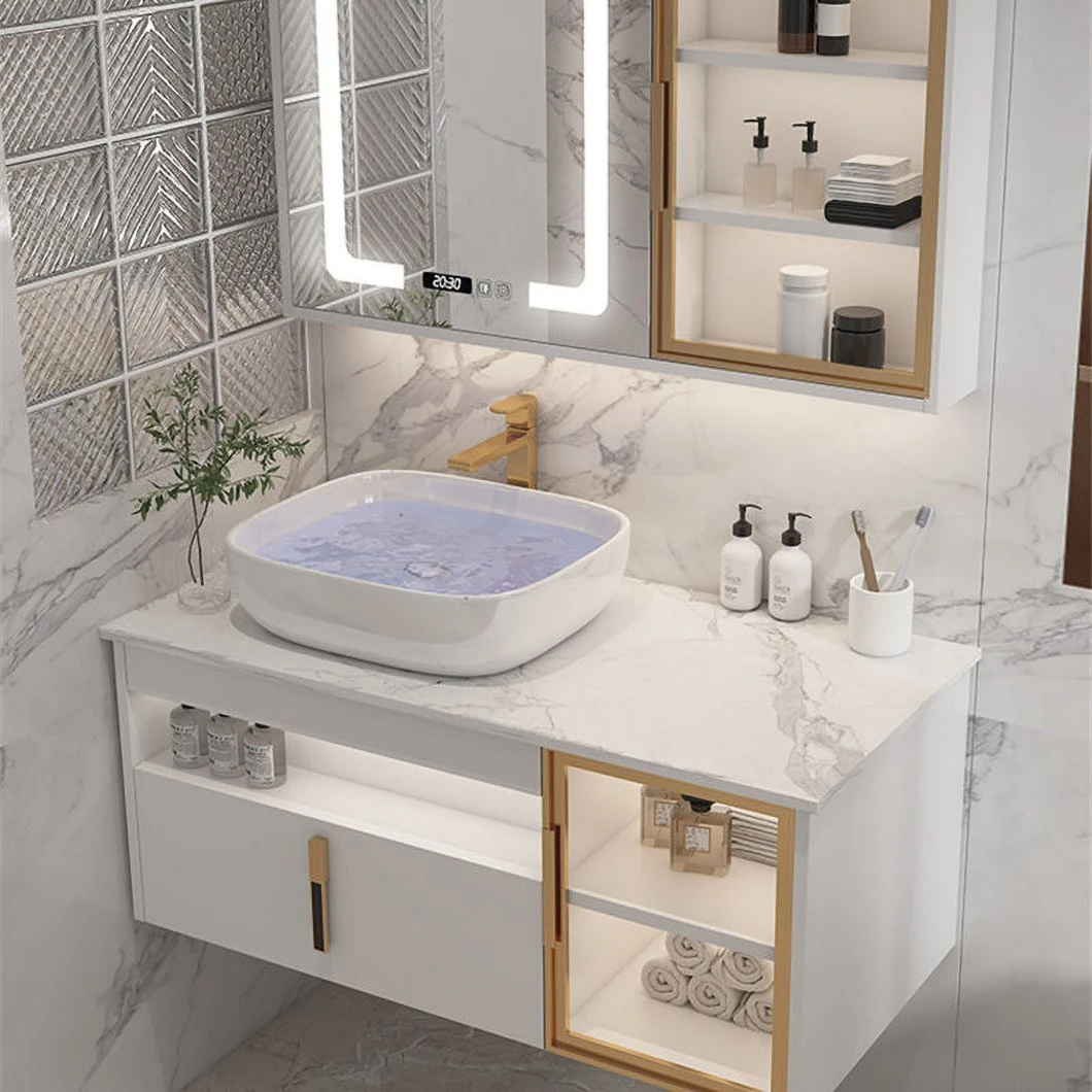Hotel Modernes Badezimmer Doppelwaschbecken Wasserdichter Badezimmerschrank aus Holz mit intelligentem Spiegelschrank