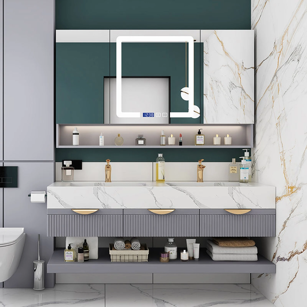 Luxus-Marmor-Badezimmer-Doppelwaschbecken-Schrank Aluminium-Badezimmerschrank-Set mit Spiegelschrank