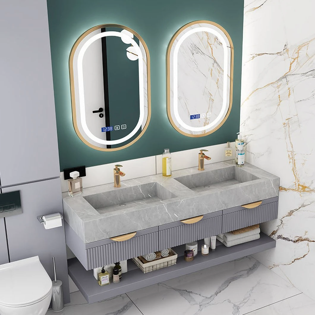 Luxus-Marmor-Badezimmer-Doppelwaschbecken-Schrank Aluminium-Badezimmerschrank-Set mit Spiegelschrank