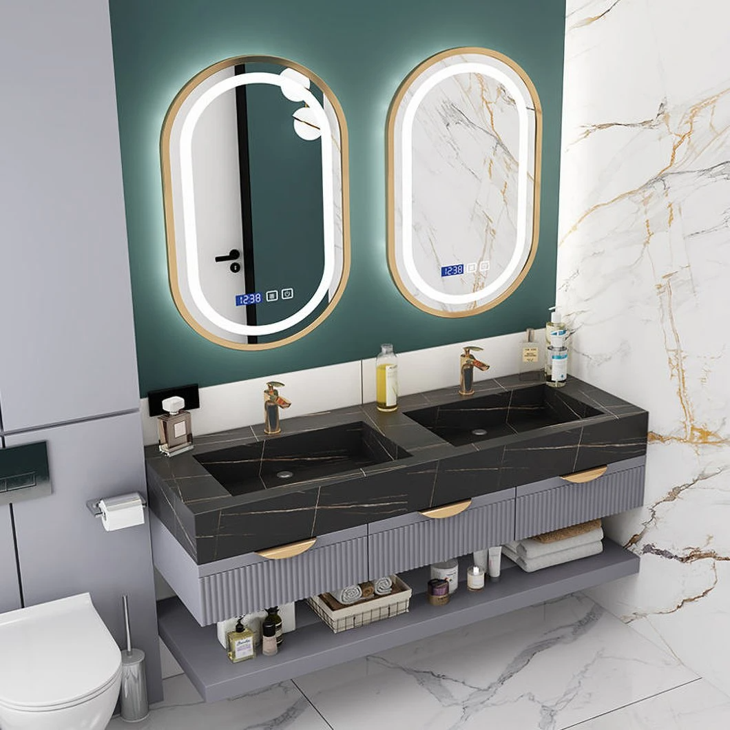 Luxus-Marmor-Badezimmer-Doppelwaschbecken-Schrank Aluminium-Badezimmerschrank-Set mit Spiegelschrank