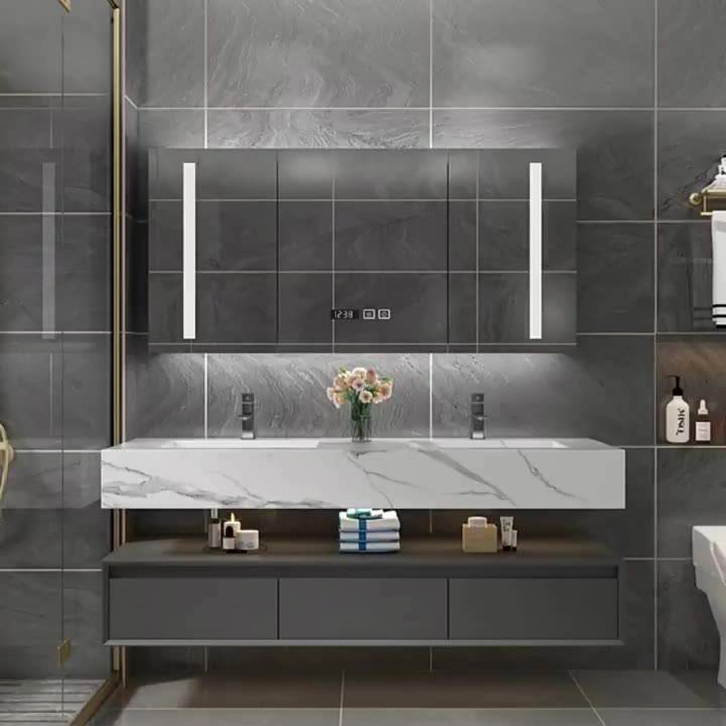 Luxus-Marmor-Badezimmer-Doppelwaschbecken-Schrank Aluminium-Badezimmerschrank-Set mit Spiegelschrank