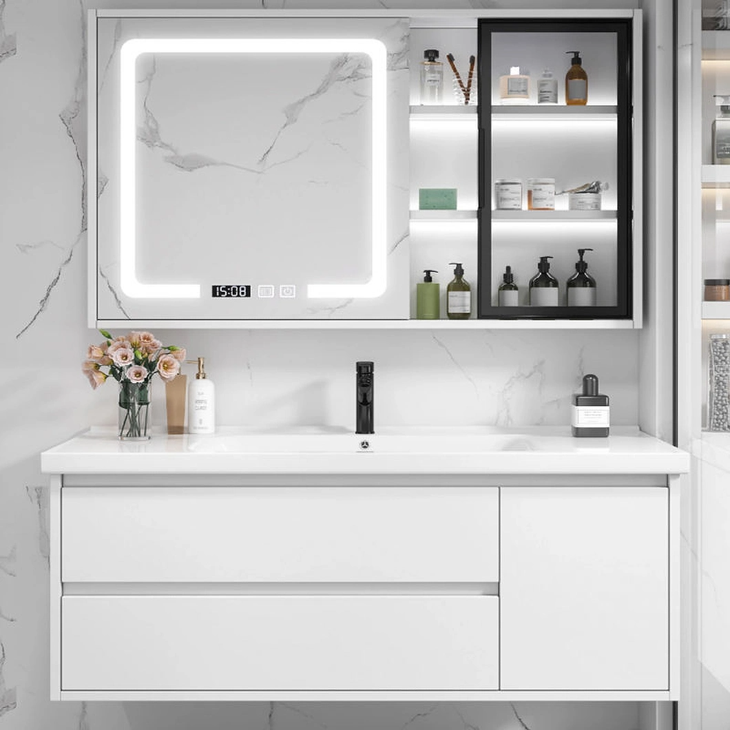 Moderner, weißer, an der Wand montierter, wasserdichter Medizinschrank, Badezimmer-Eichenschrank mit Spiegelschrank