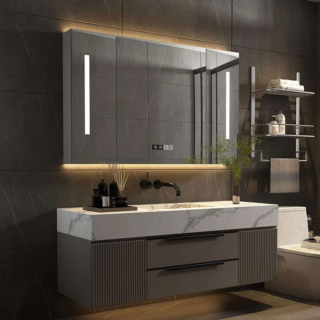 2023 New Marmor Badezimmerschrank Modern Grey Floating Massivholz Schublade Badezimmereitelkeit mit Spiegelschrank