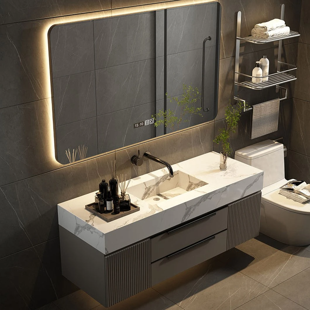 2023 New Marmor Badezimmerschrank Modern Grey Floating Massivholz Schublade Badezimmereitelkeit mit Spiegelschrank