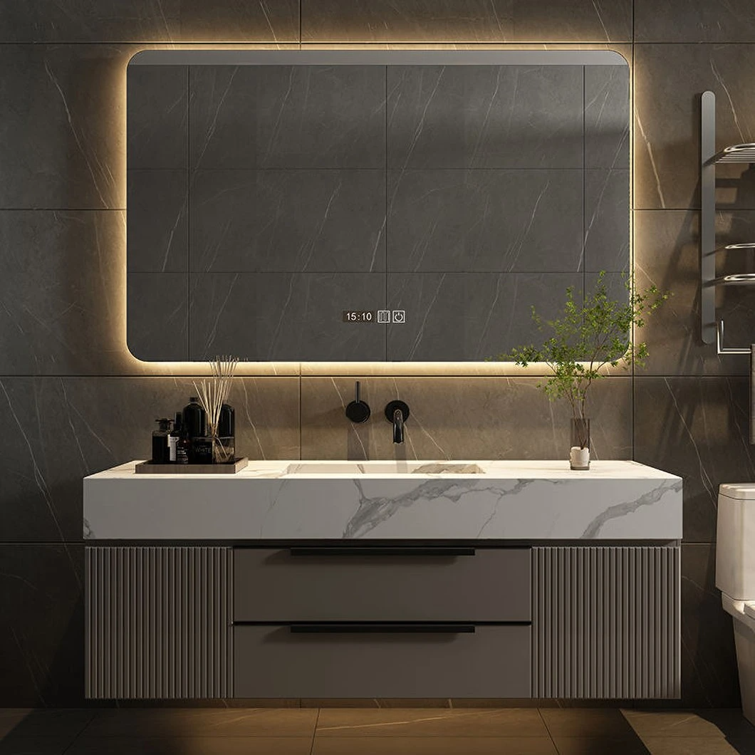 2023 New Marmor Badezimmerschrank Modern Grey Floating Massivholz Schublade Badezimmereitelkeit mit Spiegelschrank