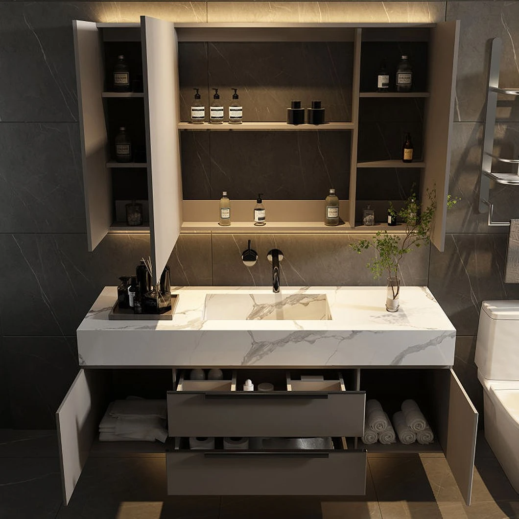2023 New Marmor Badezimmerschrank Modern Grey Floating Massivholz Schublade Badezimmereitelkeit mit Spiegelschrank