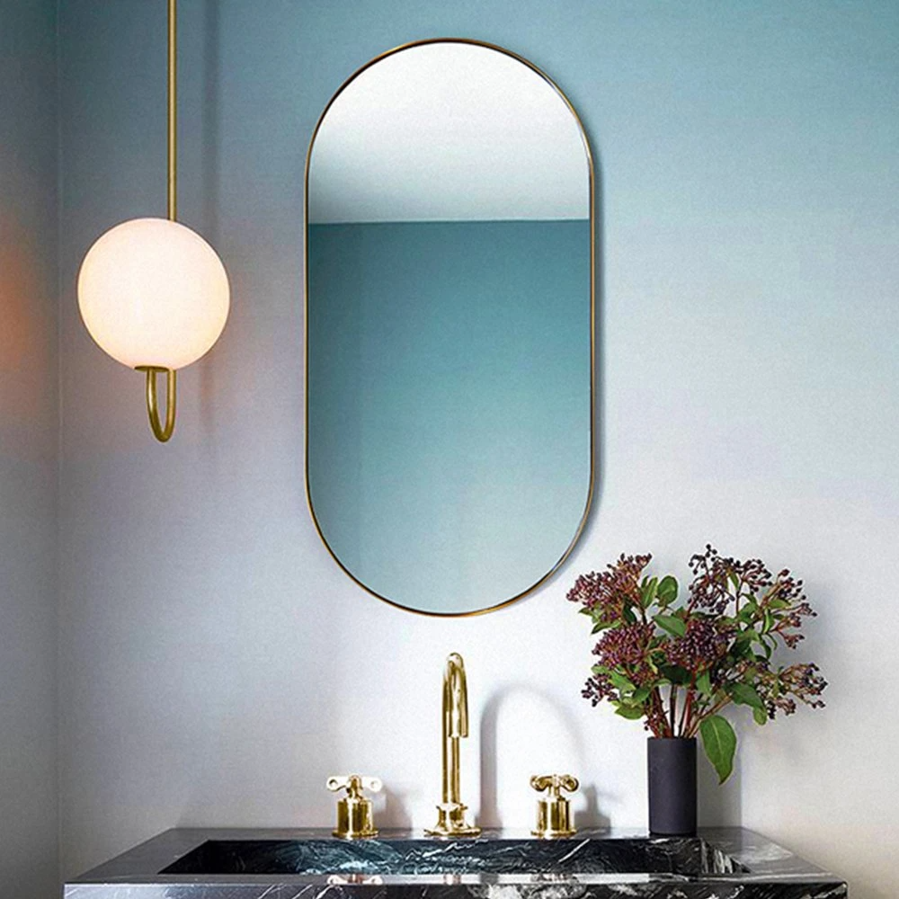 Kundenspezifischer einseitiger Make-up-Glas-Oval-Badezimmer-Wandspiegel aus Metall