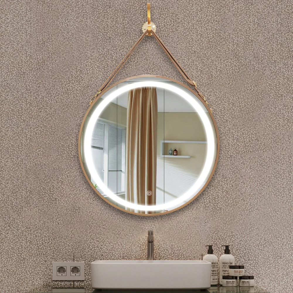 Metallrahmen-Leder-Hängespiegel für runde Wand-Heimhotel-LED-Spiegel-Licht-Badezimmer-Wand-Spiegel-Dekoration mit Lederband