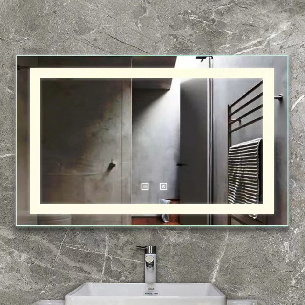 Rechteckiger Zeitanzeige-Spiegel im modernen Stil, Badezimmer, angepasster LED-beleuchteter Defogger-Smart-Spiegel