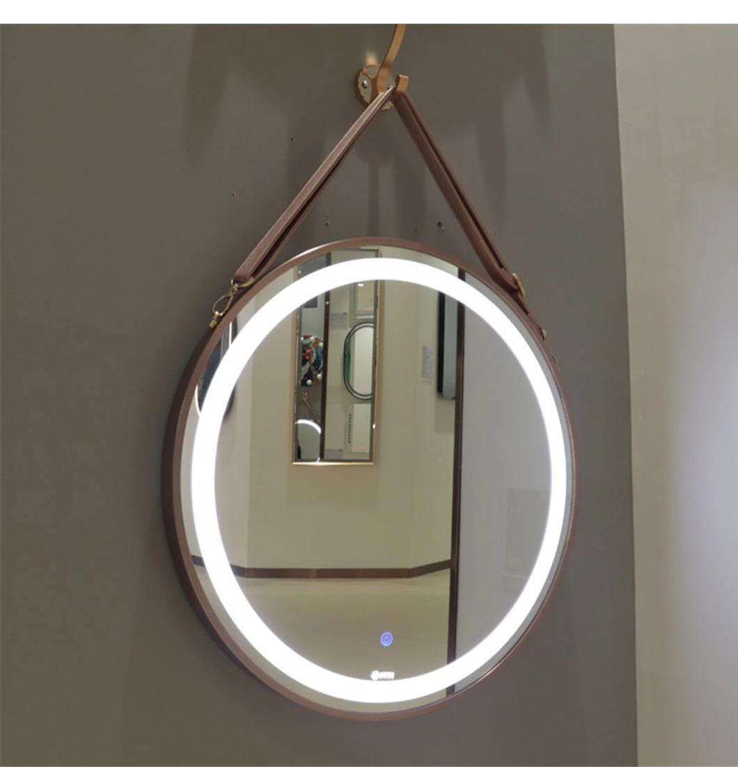 Wand Badezimmer LED Runder Spiegel mit Lederband Gürtel Smart Spiegel Wandspiegel Heimtextilien Bluetooth Schminkspiegel Badezimmer Zubehör Salon Möbel