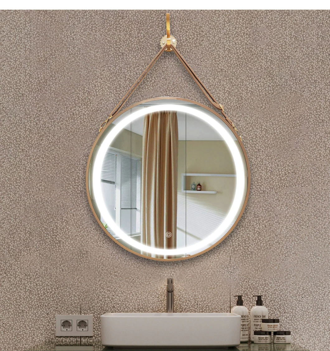 Wand Badezimmer LED Runder Spiegel mit Lederband Gürtel Smart Spiegel Wandspiegel Heimtextilien Bluetooth Schminkspiegel Badezimmer Zubehör Salon Möbel